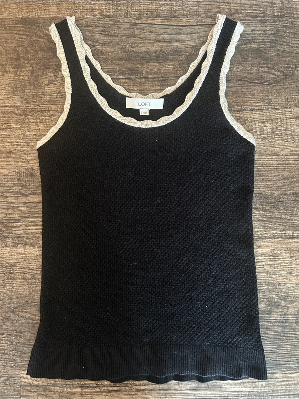 LOFT Black Lightweight Sweater with Cream Scalloped Trim